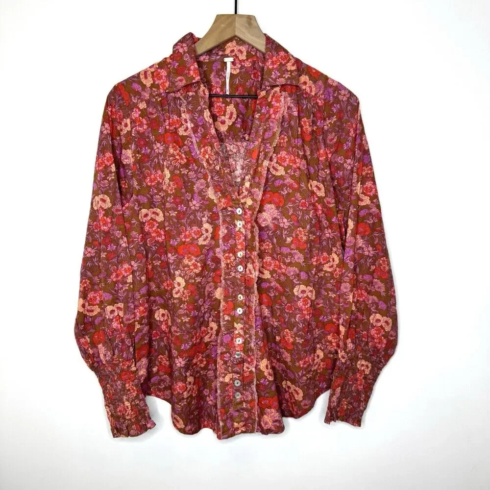 Free People Wild Gardenia Blouse XS Earth Combo Button Up Floral Retail $138